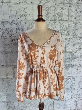 V-Neck Floral Peplum Tie Blouse - Cream & Brown